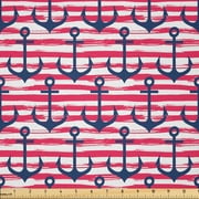 Ambesonne Nautical Fabric by the Yard Microfiber, Marine Horizontal Stripes, 3 Yards, Pink Night Blue